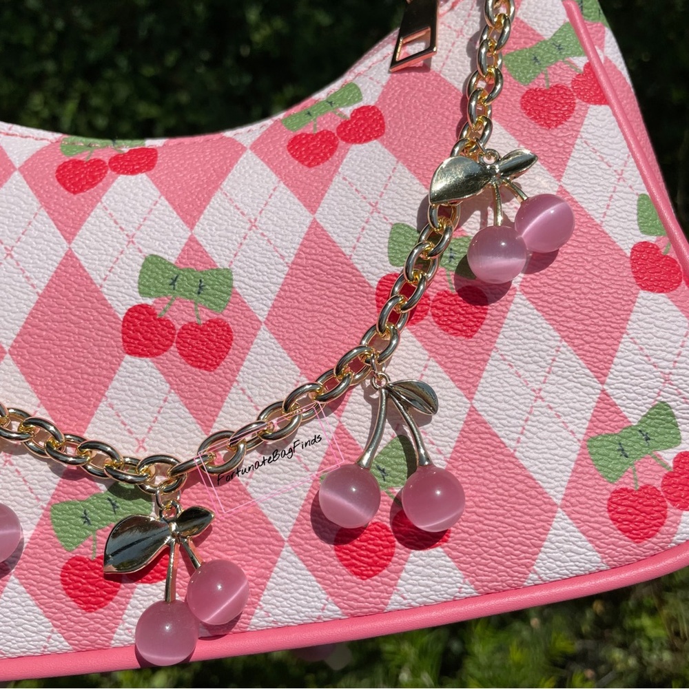 Pink Crystal Cherry Bag Charm Chain Novelty Purse Strap Baby Pink Cherries Charm - Picture 13 of 14